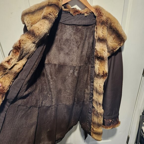 Fortuna Womens Large Hooded Jacket with Removable Fur Lining and Rex Rabbit Trim - Picture 5 of 12